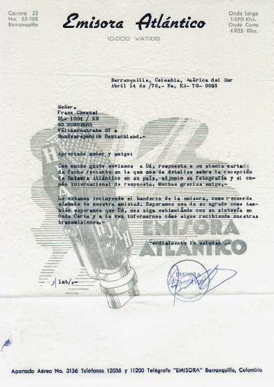 Radio Emisora Atlantico, Colombia   vom 08. Mrz 1970